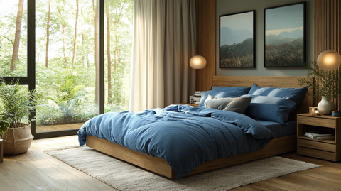 蓝色床铺木质床头