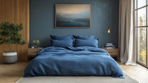 蓝色床铺木质床头