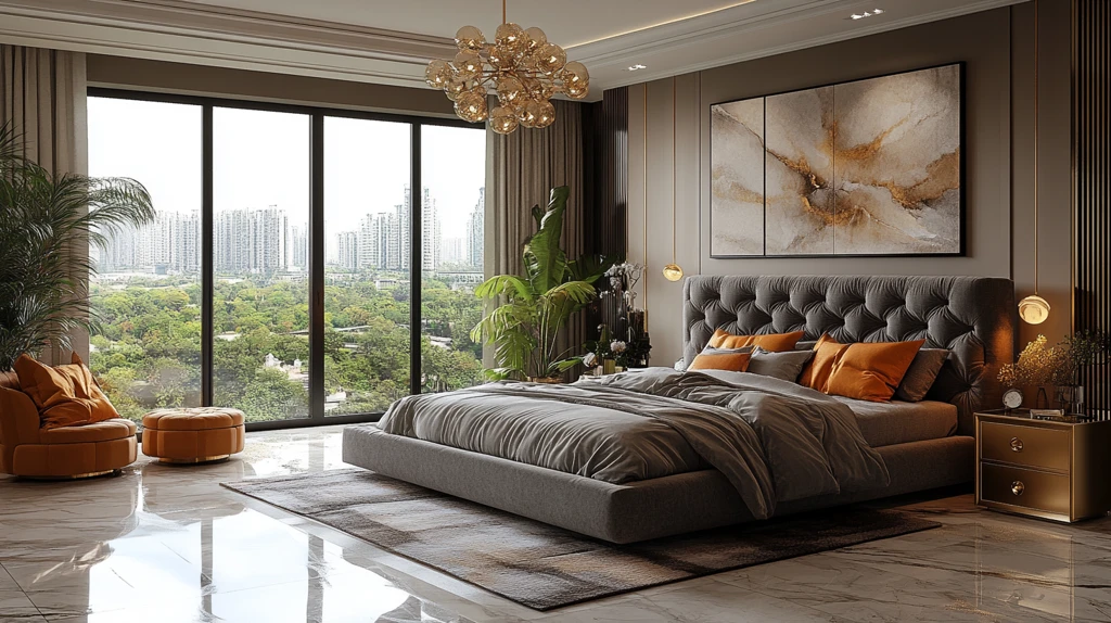 灰床金桌现代卧室