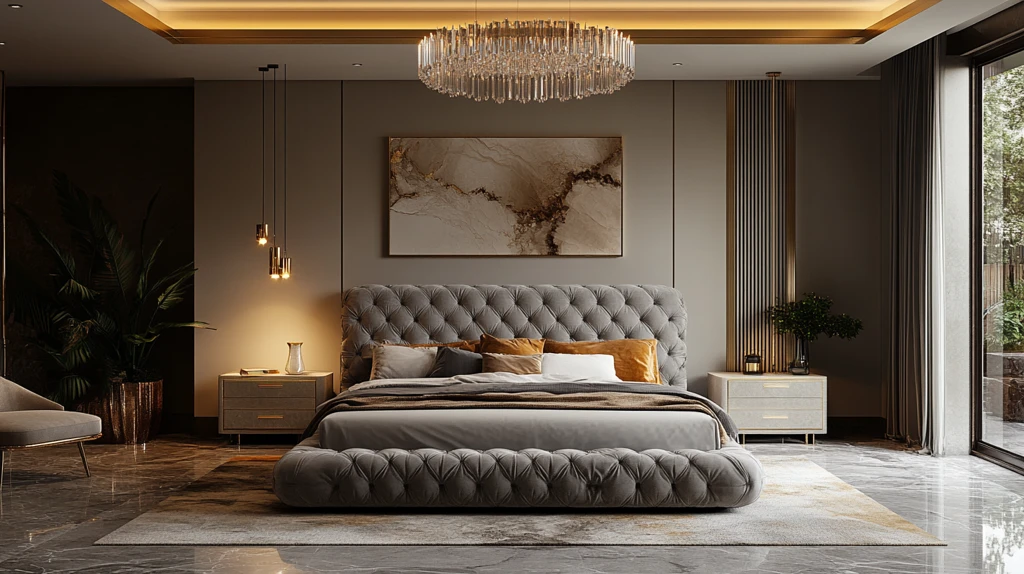 灰床金桌现代卧室