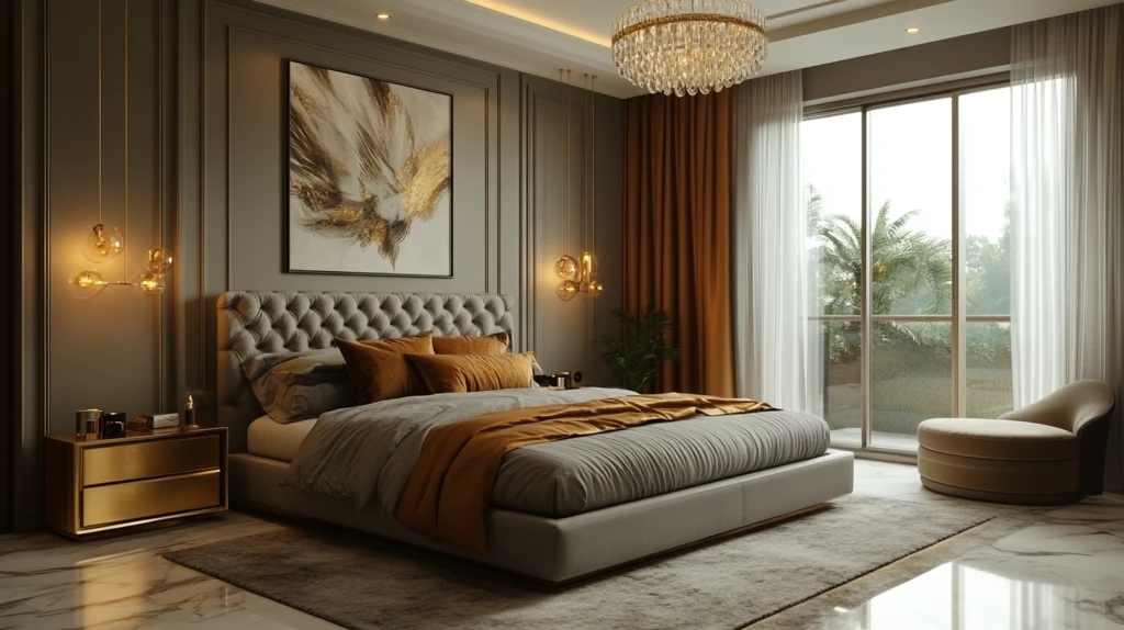 灰床金桌现代卧室