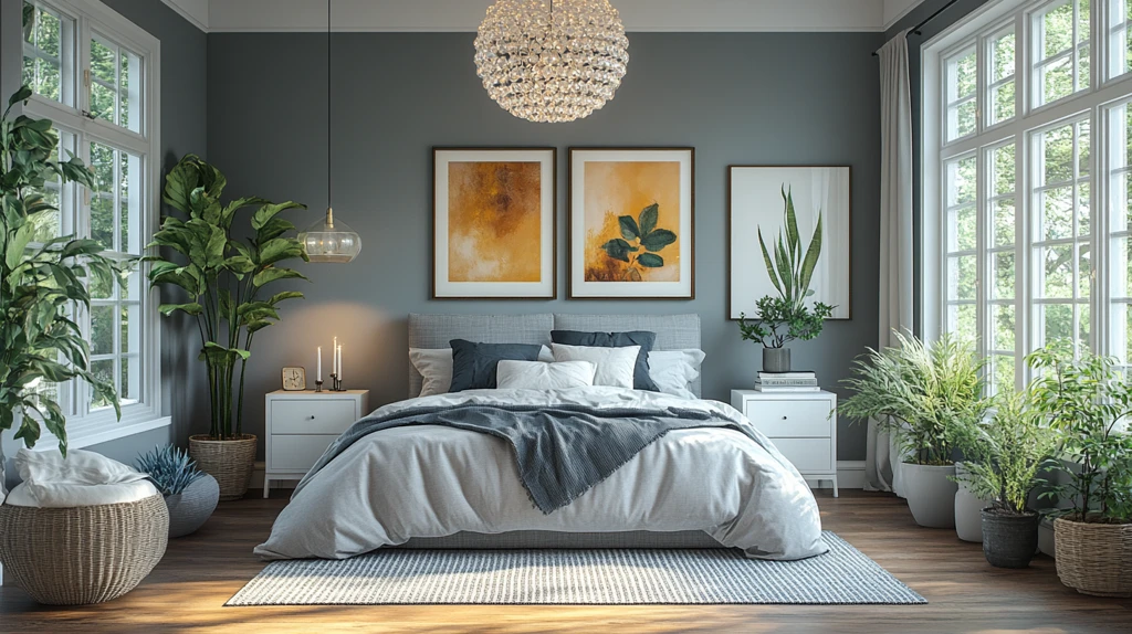 灰色床白色床头柜