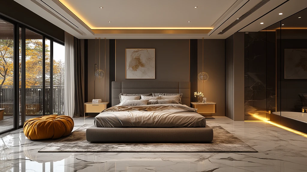 灰色床铺金色床头柜