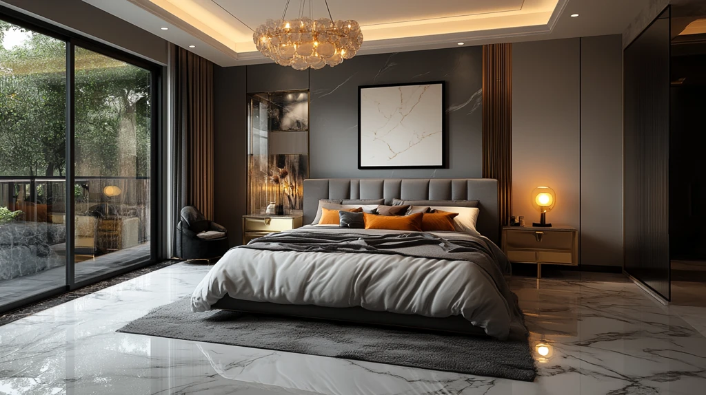 灰色床铺金色床头柜