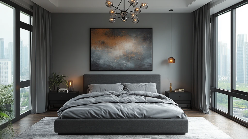 灰床黑桌简约卧室