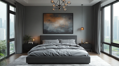 灰床黑桌简约卧室