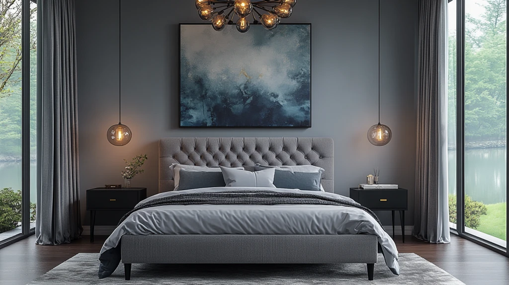 灰床黑桌简约卧室