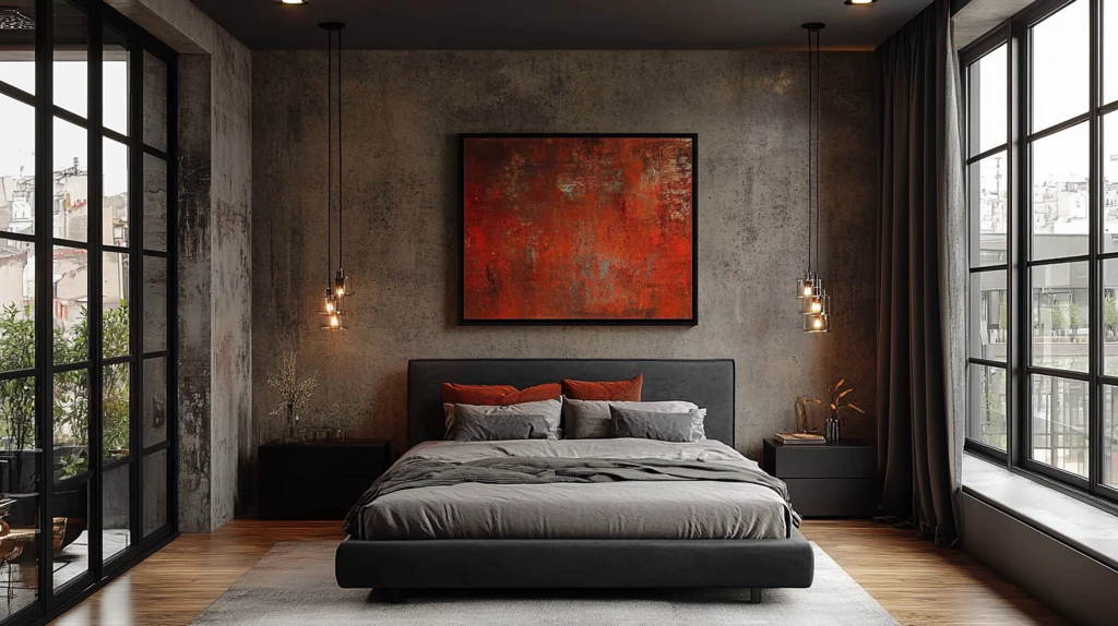 灰床黑桌简约卧室