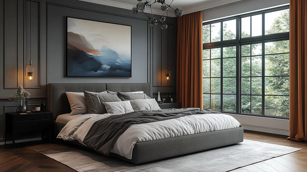 灰床黑桌简约卧室