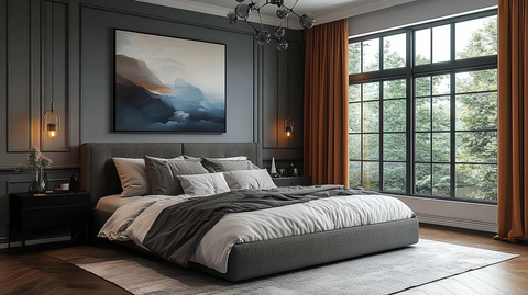 灰床黑桌简约卧室