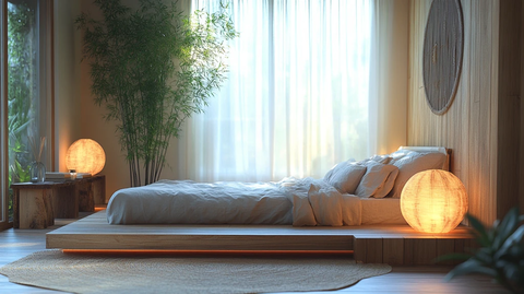 日式床铺木床纸灯