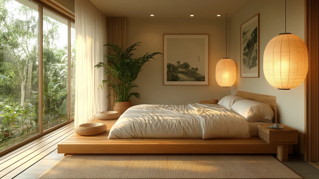 日式床铺木床纸灯