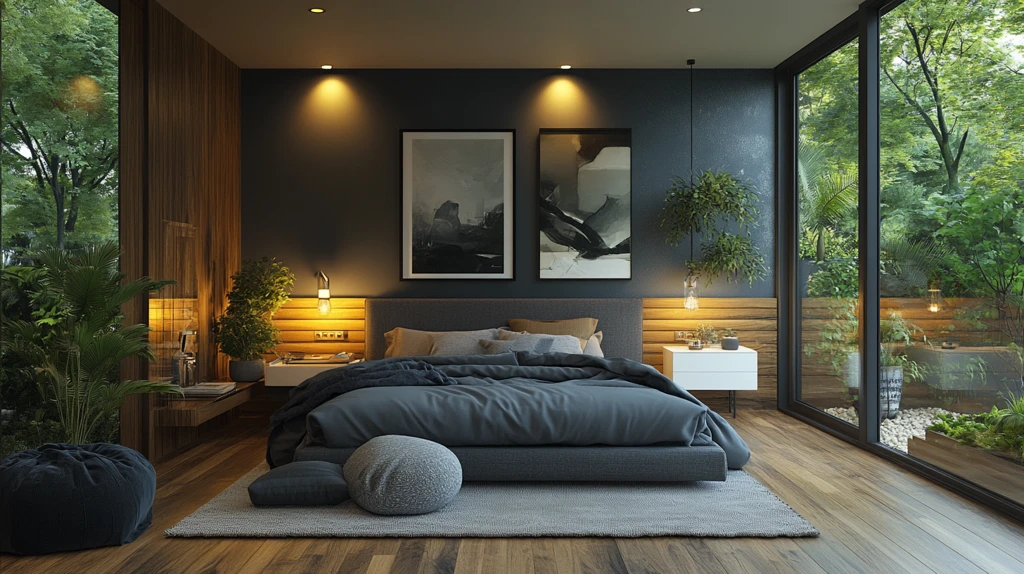 灰色床白色床头柜