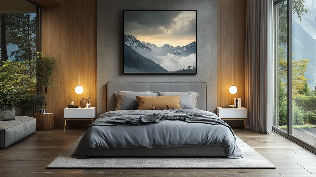 灰色床白色床头柜