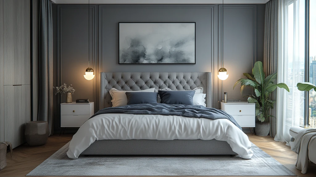 灰色床白色床头柜