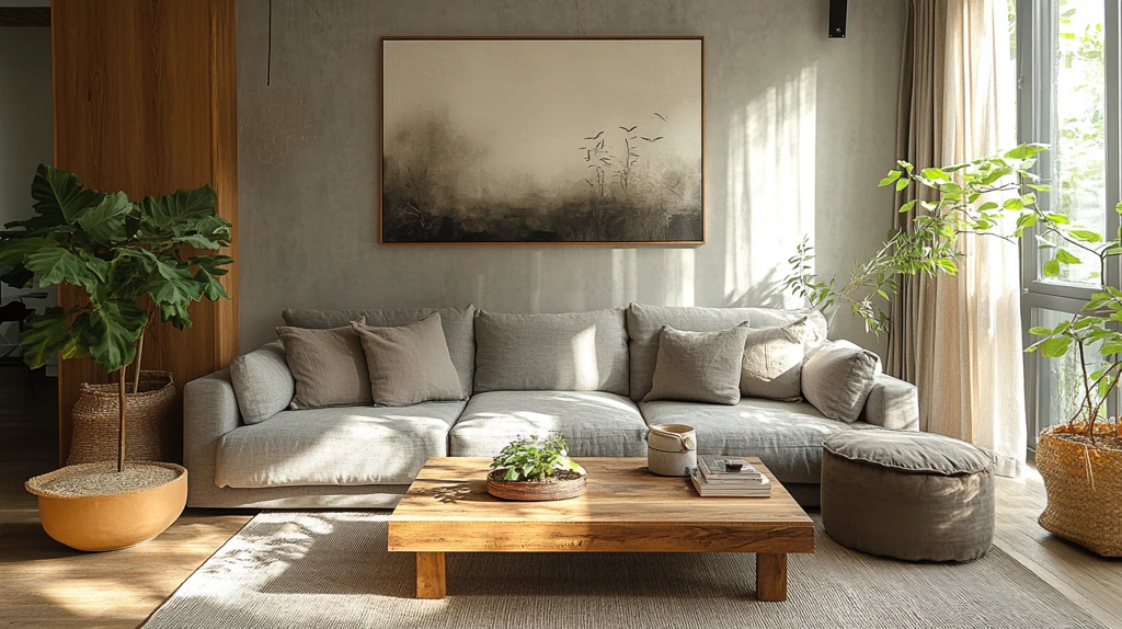 灰色沙发木桌装饰