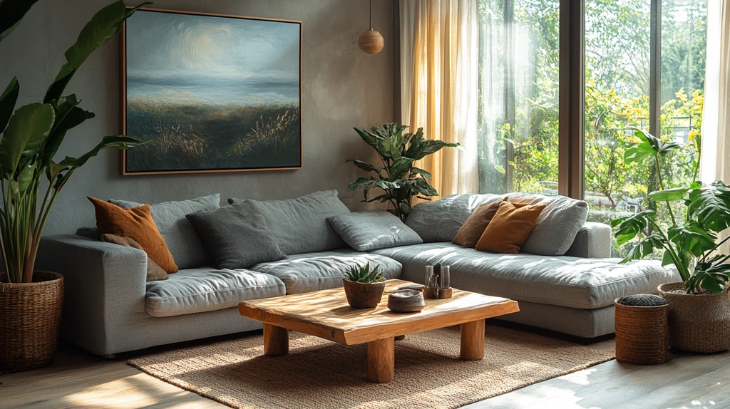 灰色沙发木桌装饰