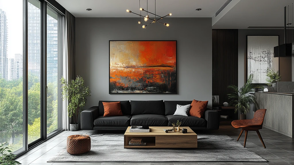 黑沙发木桌抽象画