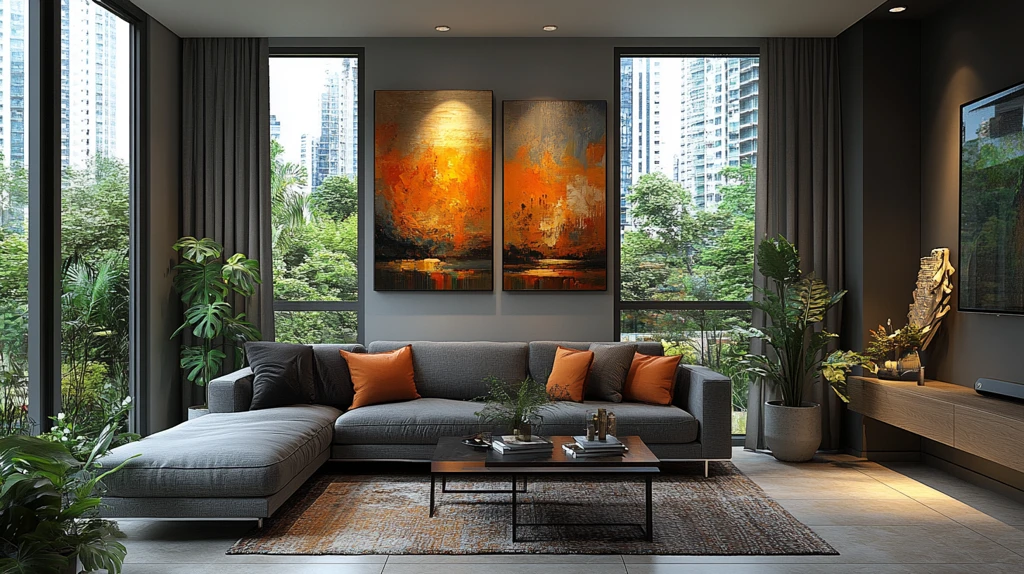 灰沙发金属桌艺术墙