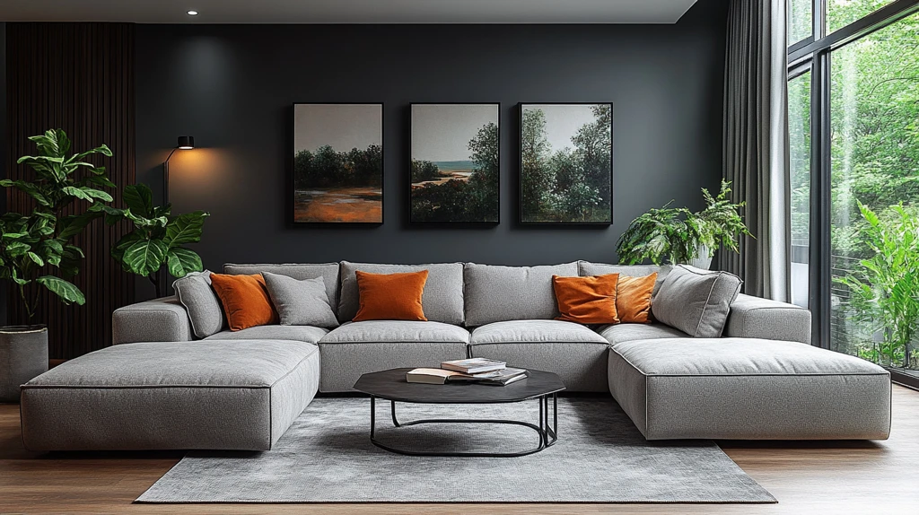 灰沙发金属桌艺术墙