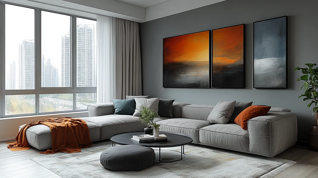 灰沙发金属桌艺术墙