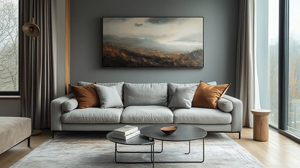 灰沙发金属桌艺术墙