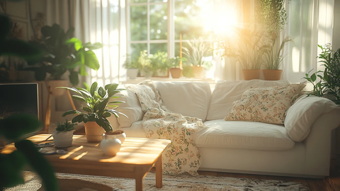 白色沙发木桌花饰