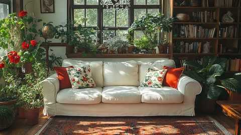 白色沙发木桌花饰