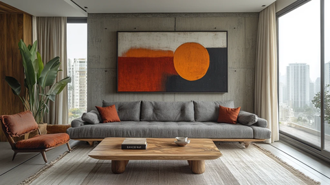 灰色沙发木桌挂画