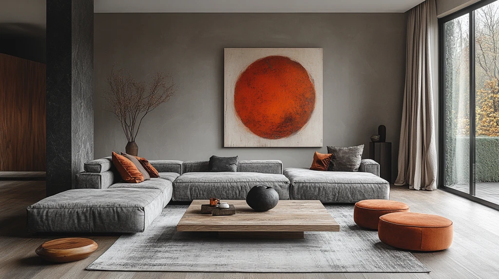 灰色沙发木桌挂画