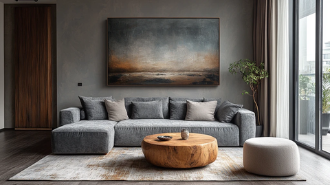 灰色沙发木桌挂画