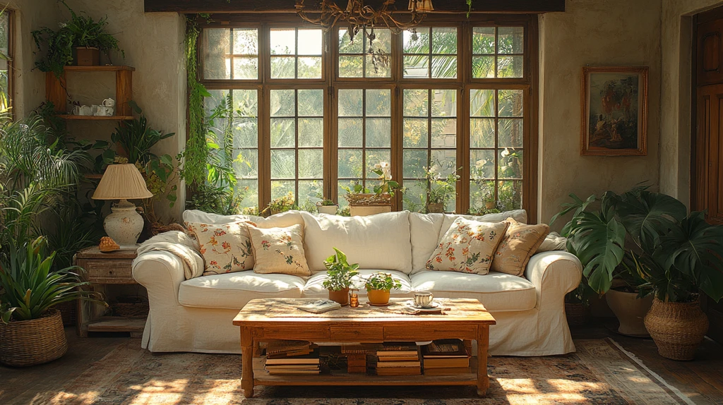 白色沙发木桌花艺装饰