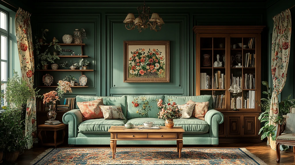 绿色沙发木质茶桌