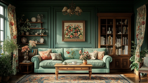 绿色沙发木质茶桌