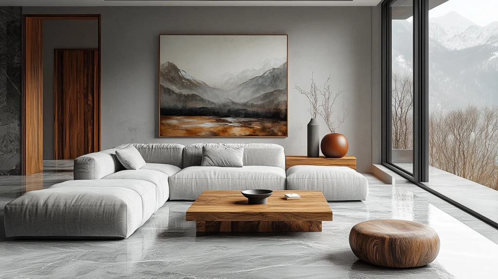 灰色沙发木桌空间