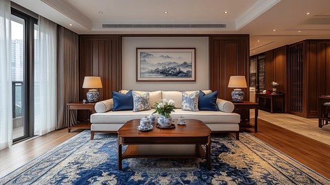 红木沙发青花瓷饰品