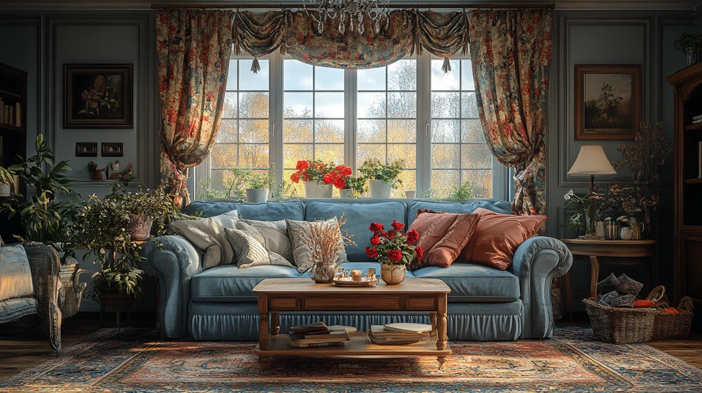 蓝色沙发木桌花帘