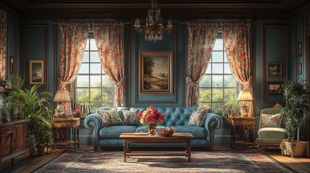 蓝色沙发木桌花帘