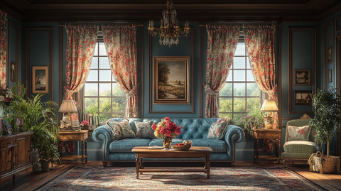 蓝色沙发木桌花帘