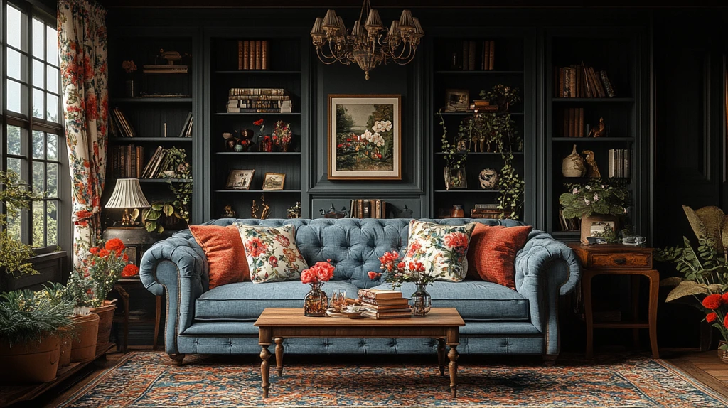 蓝色沙发木桌花帘