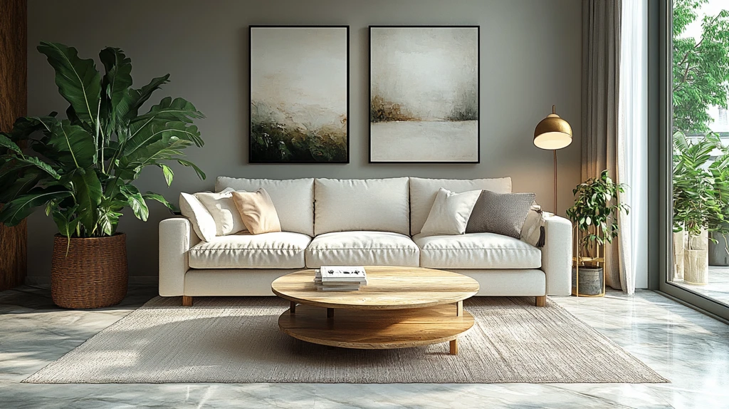 白色沙发木桌绿植