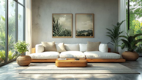 白色沙发木桌绿植