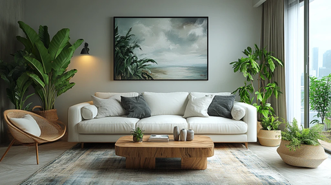 白色沙发木桌绿植