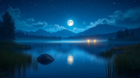 夜间森林景观与沼泽