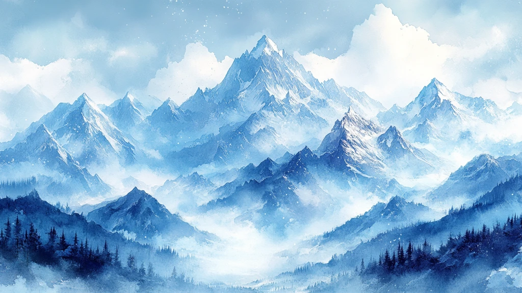 冬日山脉水彩画