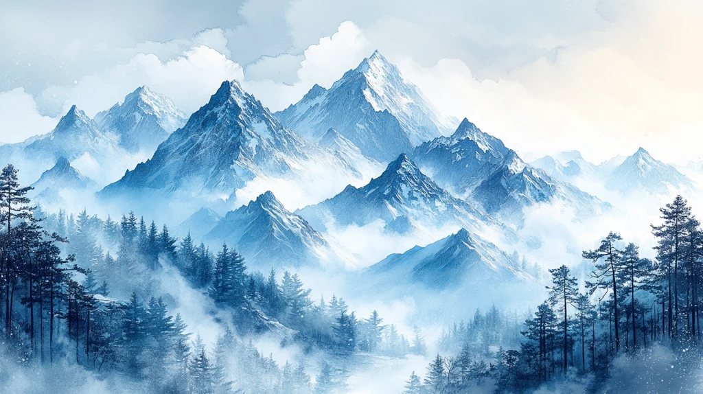 冬日山脉水彩画