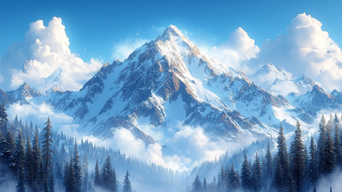 风景插画白雪皑皑的山峰仰天俯瞰