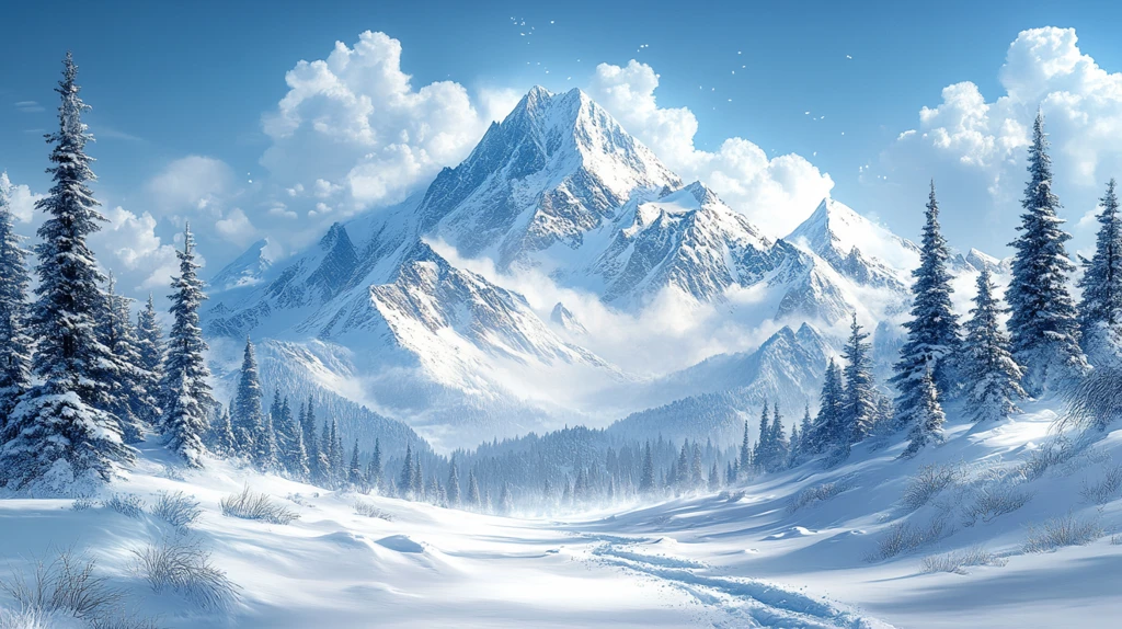 风景插画白雪皑皑的山峰仰天俯瞰