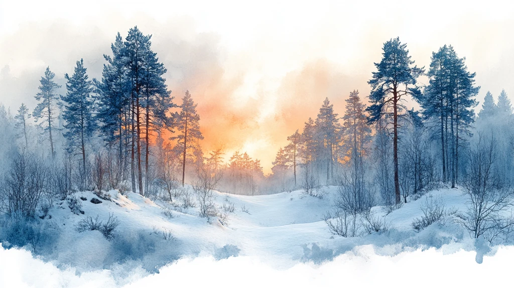 水彩插画雪地上的树木顶着天空