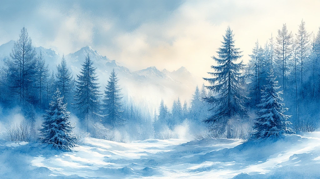 水彩插画雪地上的树木顶着天空